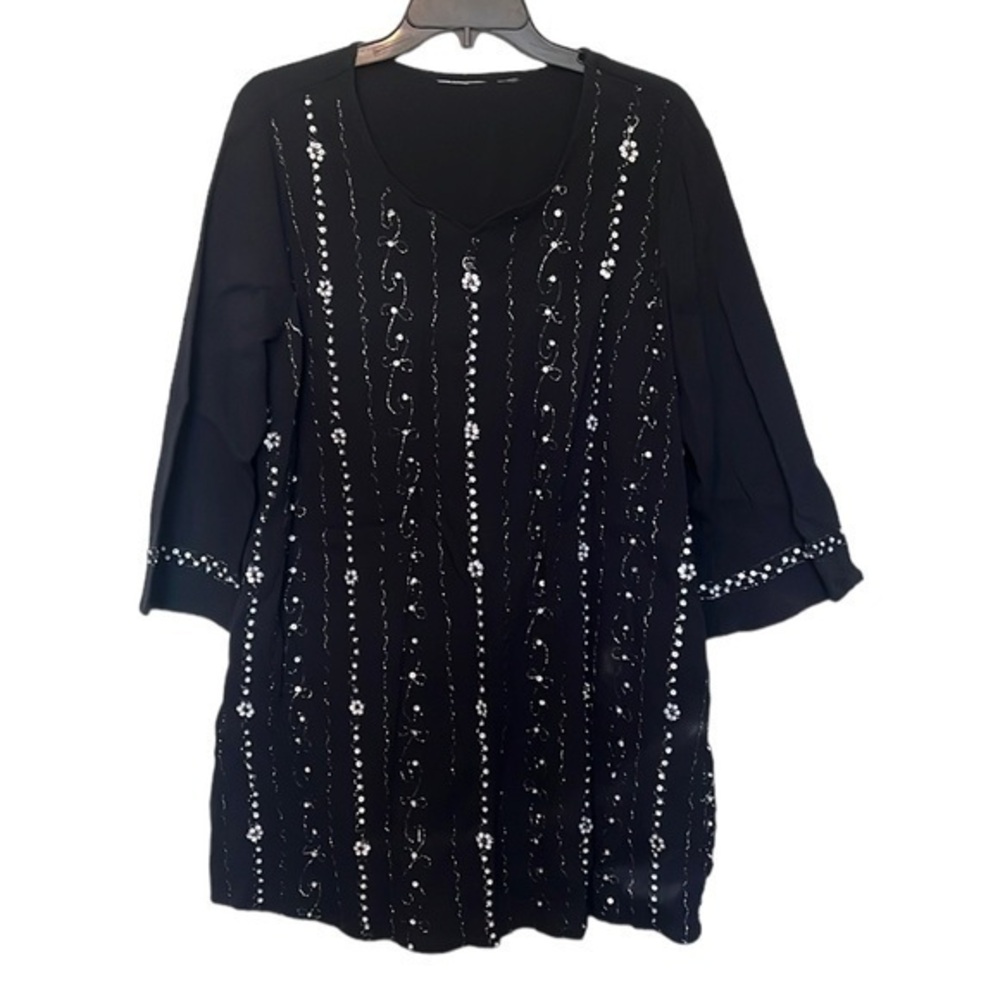 Womens Black Blouse Top/Tunic with Sequins, side slits